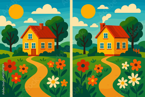 Cartoon landscape with a house and flowers for educational game  