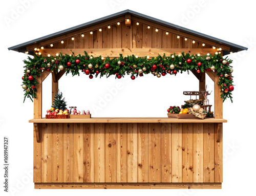 Cozy Wooden Christmas Market Stall with Festive Decor Transparent PNG 