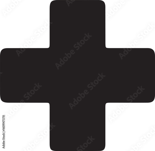 Black rounded cross on white background plus sign symbol