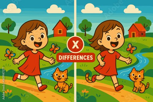 Happy girl running with cat in sunny landscape for educational game  