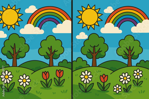 Cartoon landscape with flowers, trees, and rainbows for children’s game on Find differences  