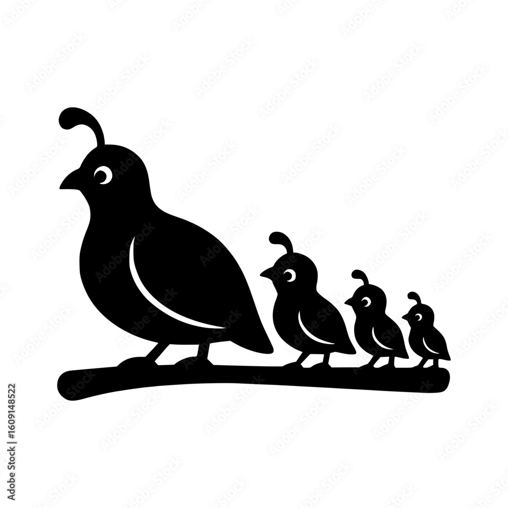 Obraz premium Silhouette of a mother quail with her chicks perched on a branch