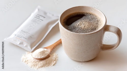 Coffee mug with collagen powder beside collagen beauty supplement clean white background health wellness concept