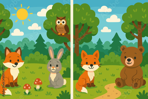 Cartoon animals in a forest environment for educational game concept of Find differences. Educational game for children. Cartoon vector illustration  