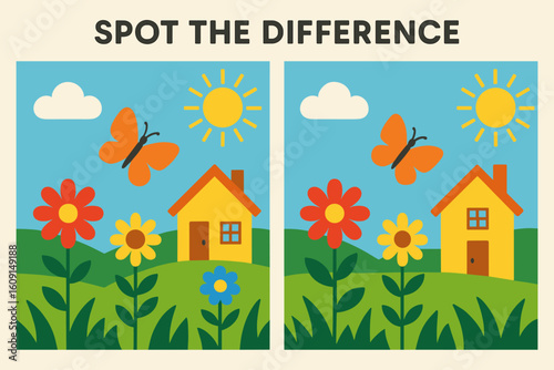 Cartoon illustration of a spot the difference game with two houses and flowers  