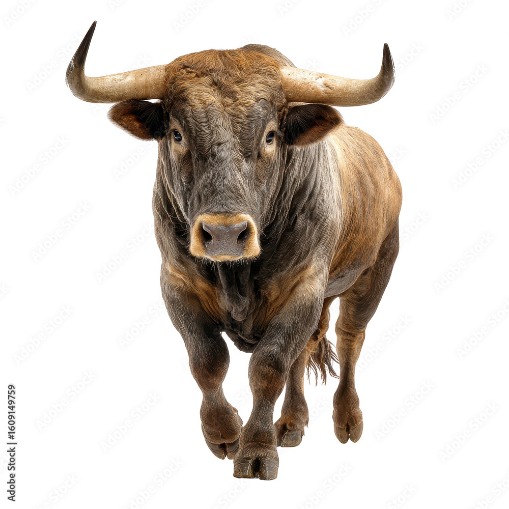 Naklejka premium Bull walking towards the camera showcasing its strength and stature in a studio setting