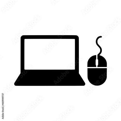 Black silhouette icon of a laptop computer and a wired computer mouse