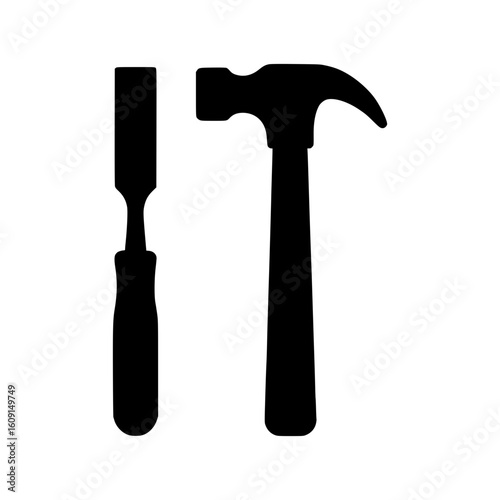 Silhouette of a claw hammer and a chisel isolated on white background