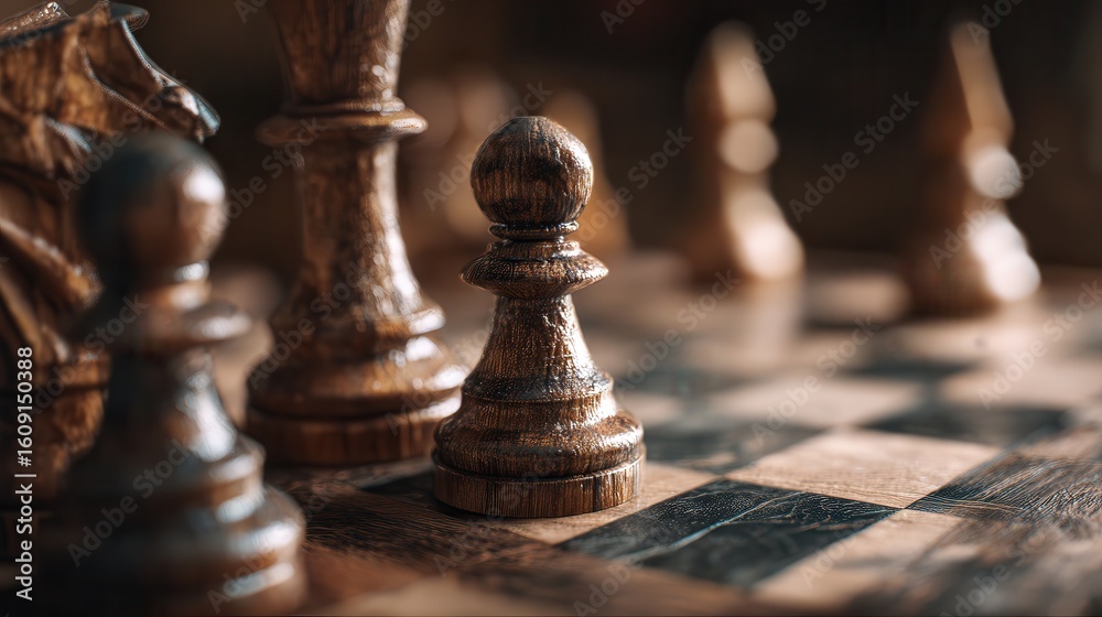 Fototapeta premium Chess pieces on a wooden board under soft lighting create an atmosphere of strategic contemplation and timeless elegance