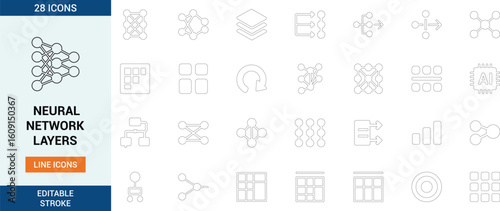 Neural network layers line icon set in editable stroke style. Includes dense, convolutional, pooling, input-output, AI node structure, deep learning, and matrix icons.
