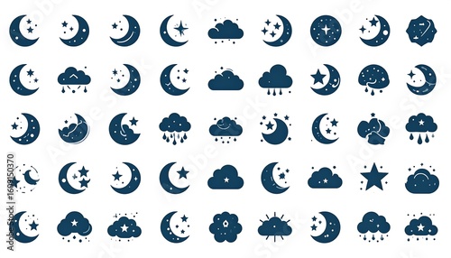Collection of dark-blue night sky icons.  Various moon phases, stars, clouds, and rain.  Arranged in rows