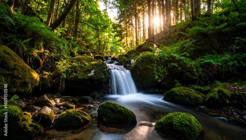Lush forest stream with waterfall