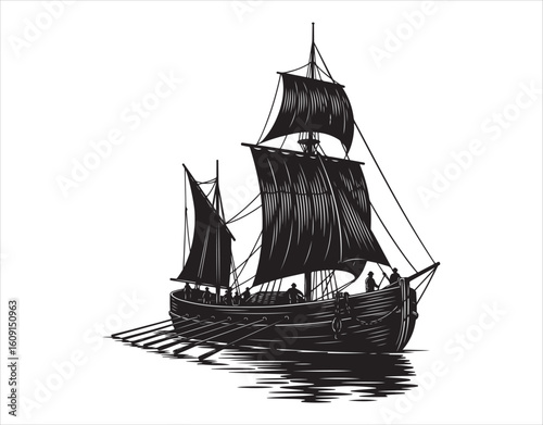 A silhouette of cargo boats sailing and rowing on the Don - 18th-19th century, an old vintage illustration on white

