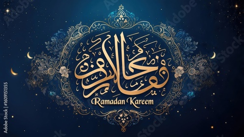 Elegant calligraphy on a dark blue background with ornate frame and crescent moons