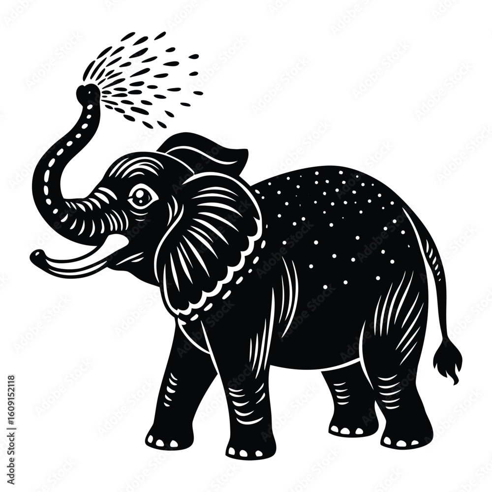 Fototapeta premium Illustration of a Playful Elephant Spraying Water in Black and White Style