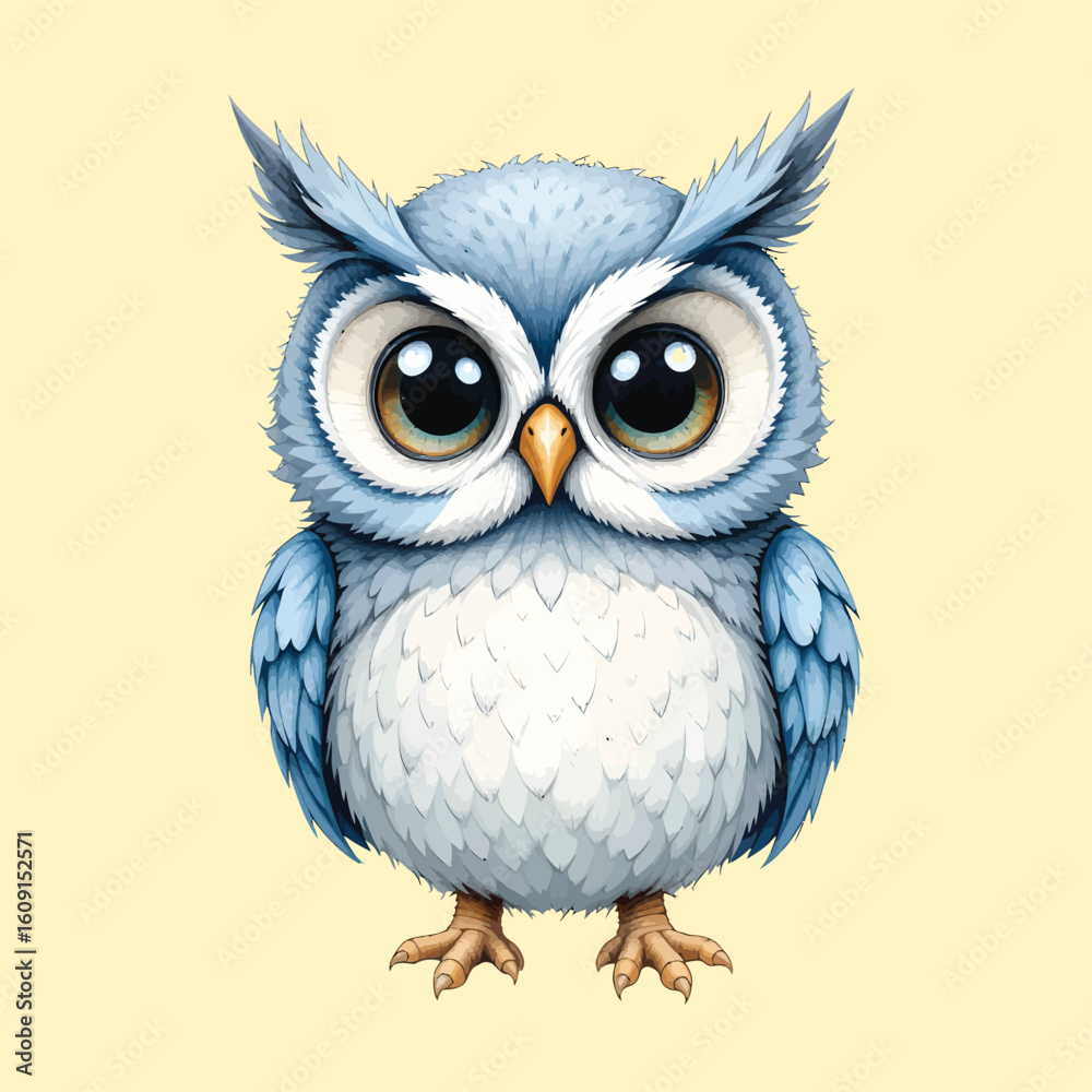 Naklejka premium Cute fluffy baby owl with big eyes on a light yellow background