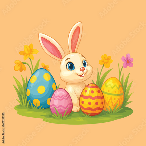 Cute easter bunny with colorful decorated eggs in a grassy field with flowers