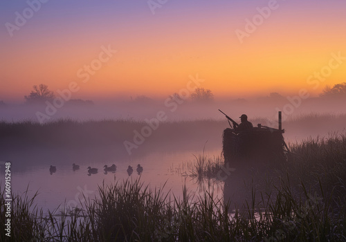 Duck hunter in a blind with shotgun waits for ducks on a foggy lake during scenic sunrise