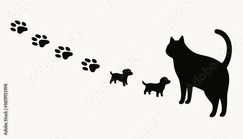 Black silhouettes of a cat, puppies, and paw prints on a white background illustration