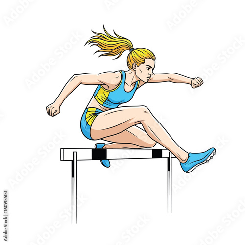 A female athlete powerfully leaps over a hurdle during a track and field race.