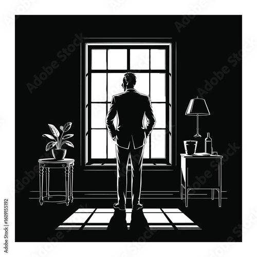 Man silhouetted against a large window in a dimly lit room
