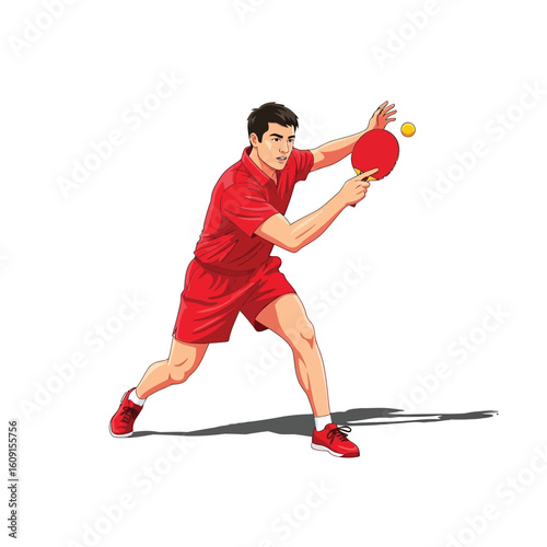 A man in red sportswear is playing table tennis, hitting a yellow ball with a red paddle.
