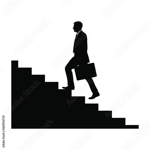 Silhouette of a businessman climbing stairs with a briefcase