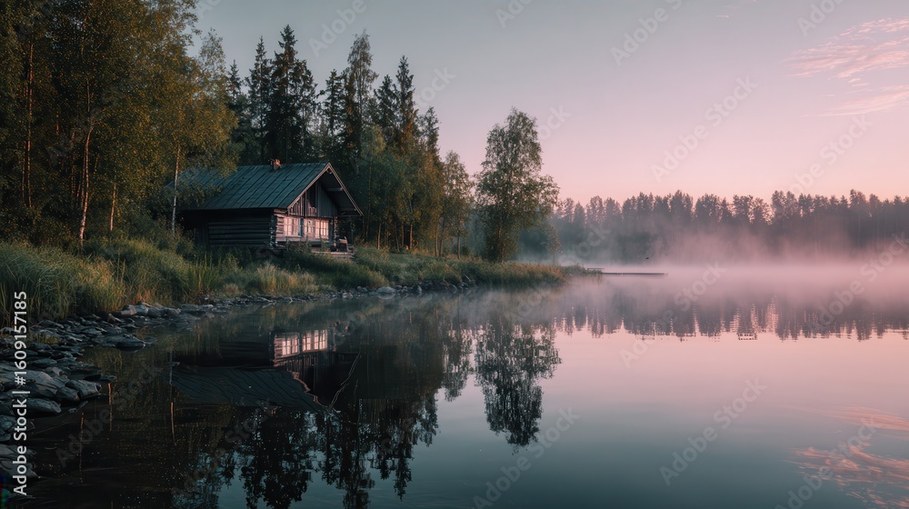 Obraz premium Serene lakeside cabin at dawn surrounded by mist and lush greenery in a tranquil natural landscape