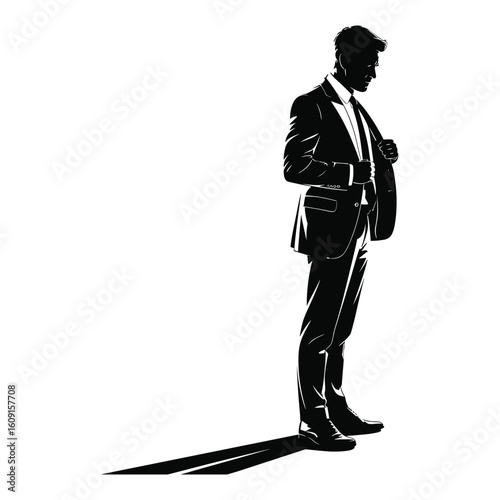 Silhouette of a man in a suit and hat casting a long shadow
