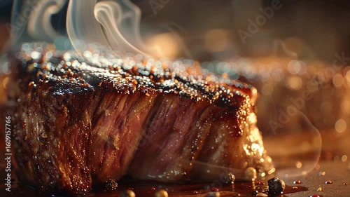 Wide macro close up of sirloin steak in a professional kitchen