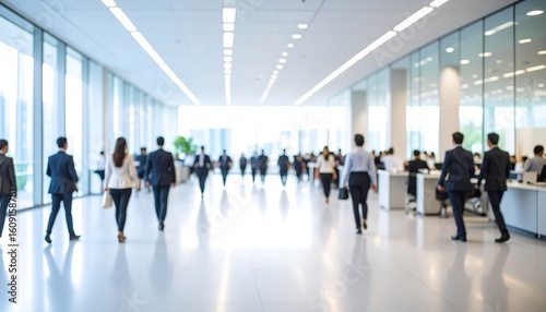 Blurred view of business people walking in a modern office hallway