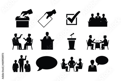 Business meeting discussion and voting icons Silhouette