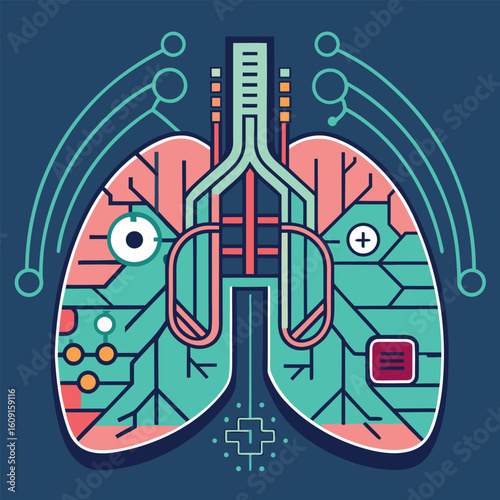Color Vector of Human Lungs Merged with AI Circuits, Sensors, and Ventilator Technology