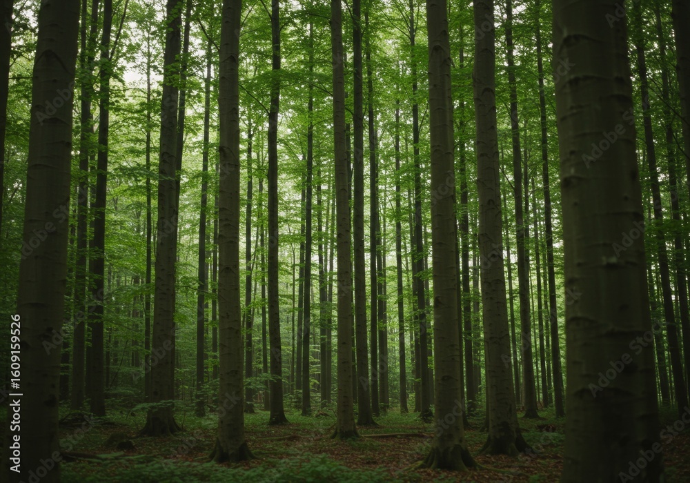 Fototapeta premium Lush Beech Forest with Towering Tree Trunks