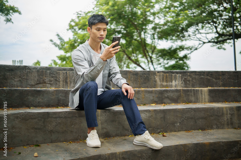 Obraz premium Relaxed male enjoying a pleasant moment browsing or texting on his phone in a sunny park.