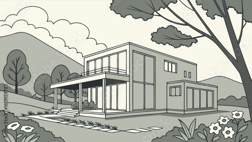 Modern house architecture drawing with landscape design trees and mountain view illustration design art
