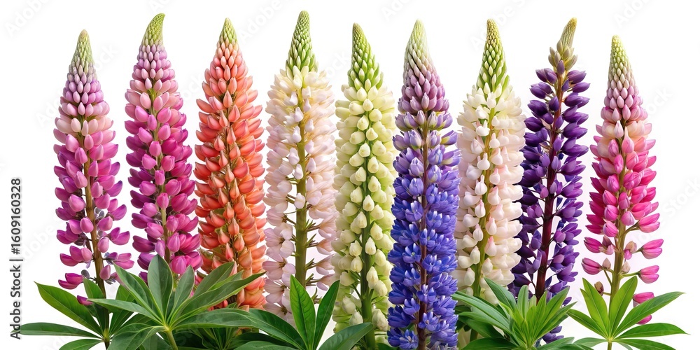 Fototapeta premium An eyecatching display of Lupinus flowers in various hues against white background