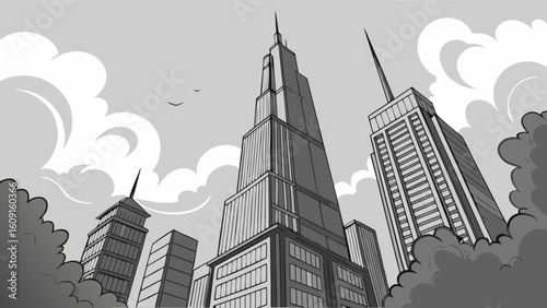 Downtown cityscape skyscrapers urban architecture black and white building illustration skyline view art