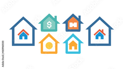 Colorful real estate property investment houses home loan mortgage and house sale market concept vector design