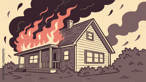 House fire disaster illustration of burning home with flames and smoke damage for emergency response concept