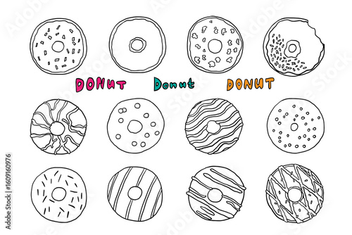Set of various donuts in doodle style. Dessert, sweet food, bakery. Delicious. Unhealthy food. Vector illustration