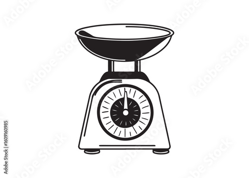 Silhouettes of vintage kitchen scales featuring classic culinary measuring devices, retro cooking equipment icons.