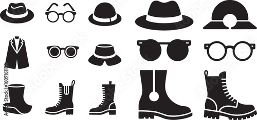 Collection of hats glasses jacket boots fedora bowler