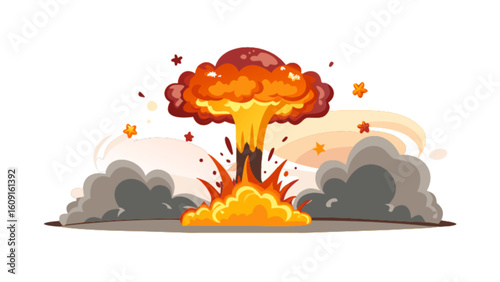 Cartoon explosion vector illustration of a mushroom cloud with smoke and fire for design projects