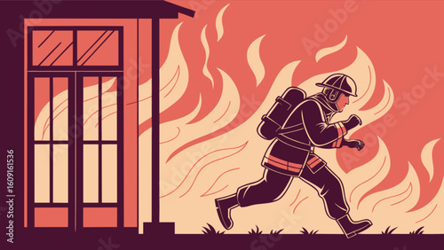 Firefighter running from burning building emergency response safety gear flames rescue operation danger scene hero