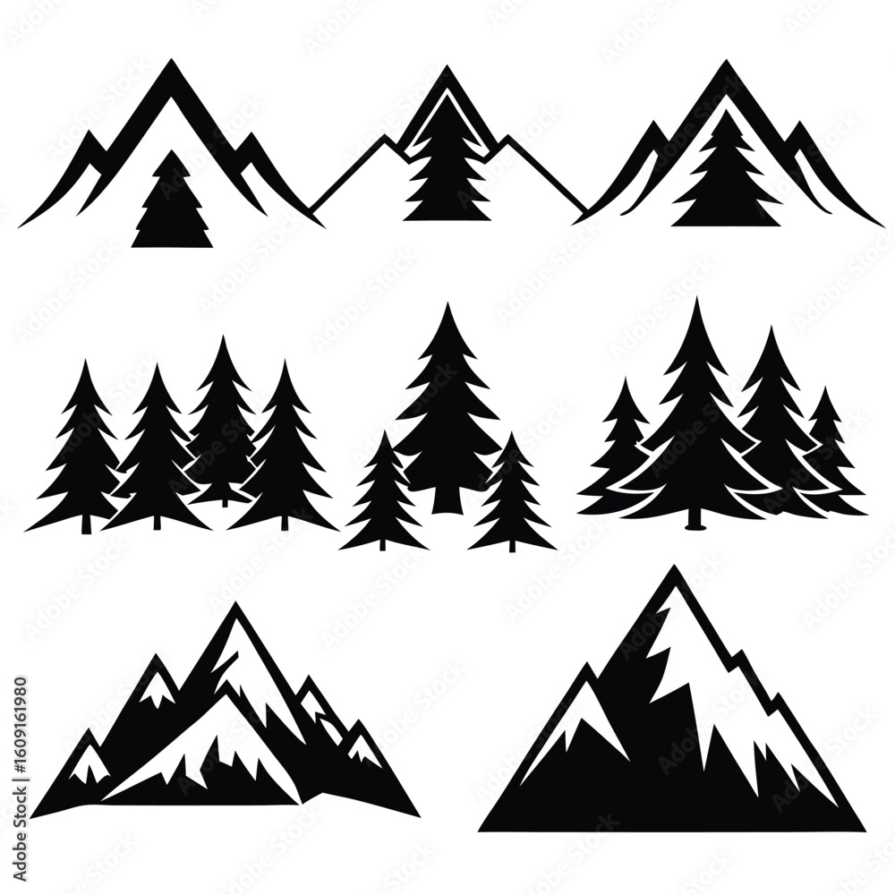 Obraz premium Vector Set of Mountains and Trees Silhouettes
