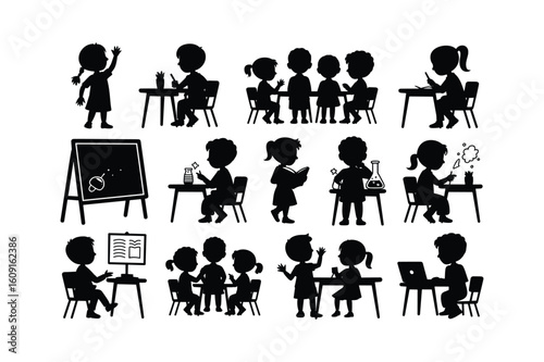 Children learning and interacting in various classroom and science settings education