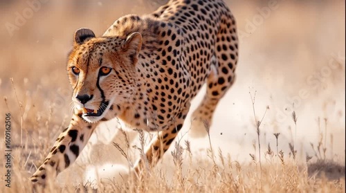A cheetah sprints at full speed across the golden African savanna. Capturing raw power, grace, and motion—perfect for wildlife documentaries, educational content, and dynamic nature visuals.
