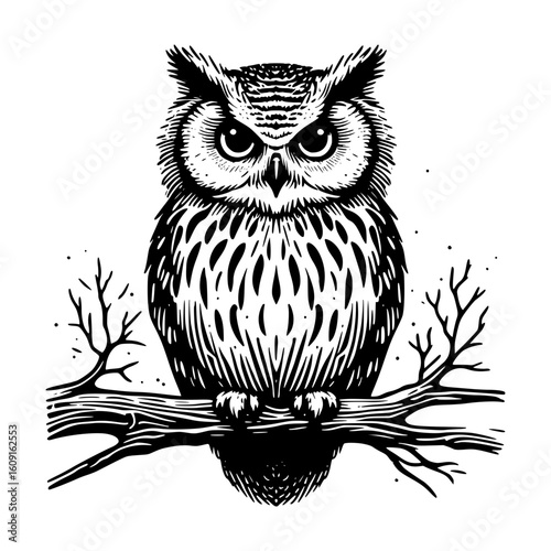 Detailed black and white illustration of a great horned owl perched on a branch