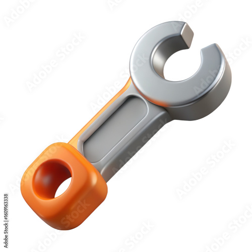 3d render of a silver and orange wrench isolated on transparent background